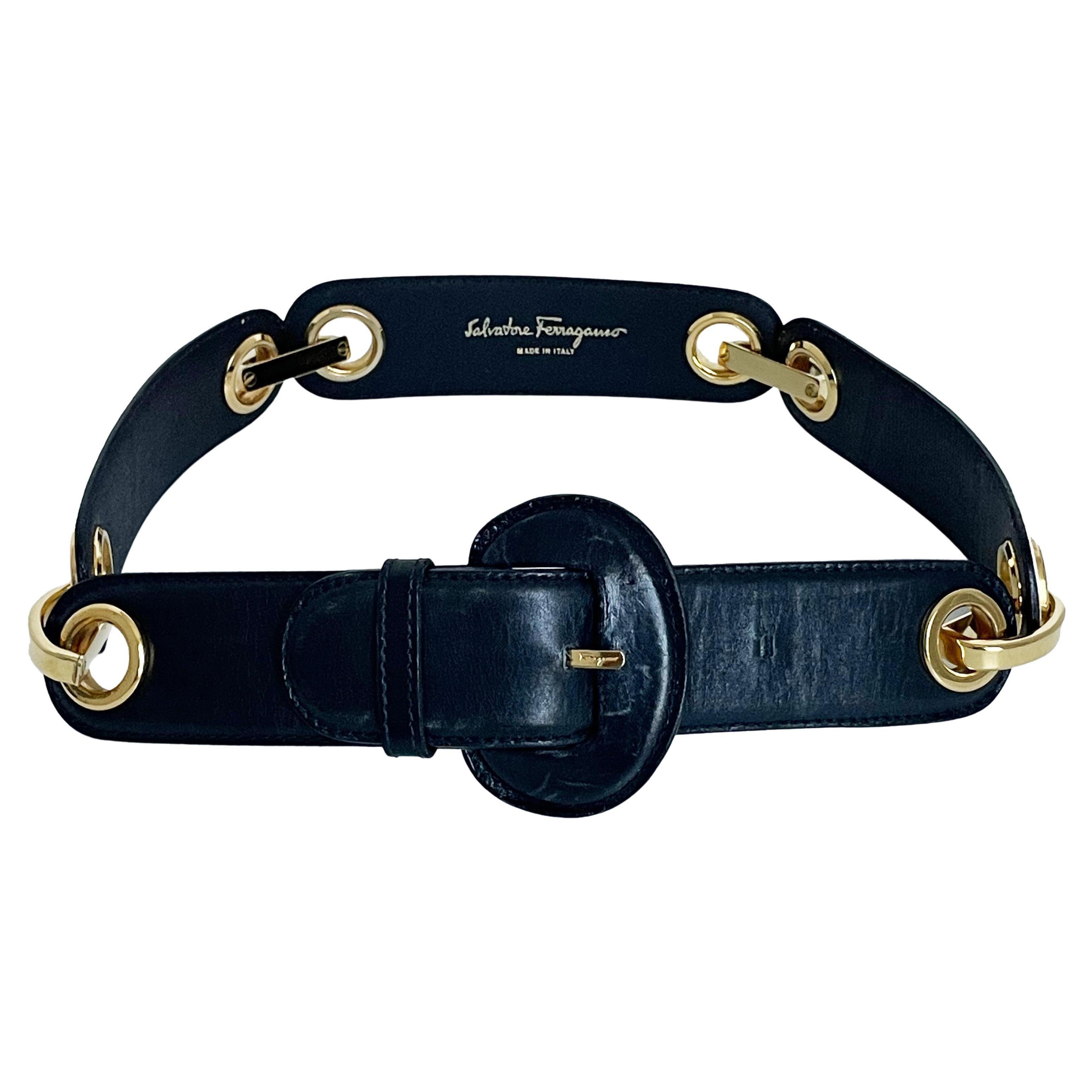 Salvatore Ferragamo Belt Navy and White Leather with Gold Links Vintage ...