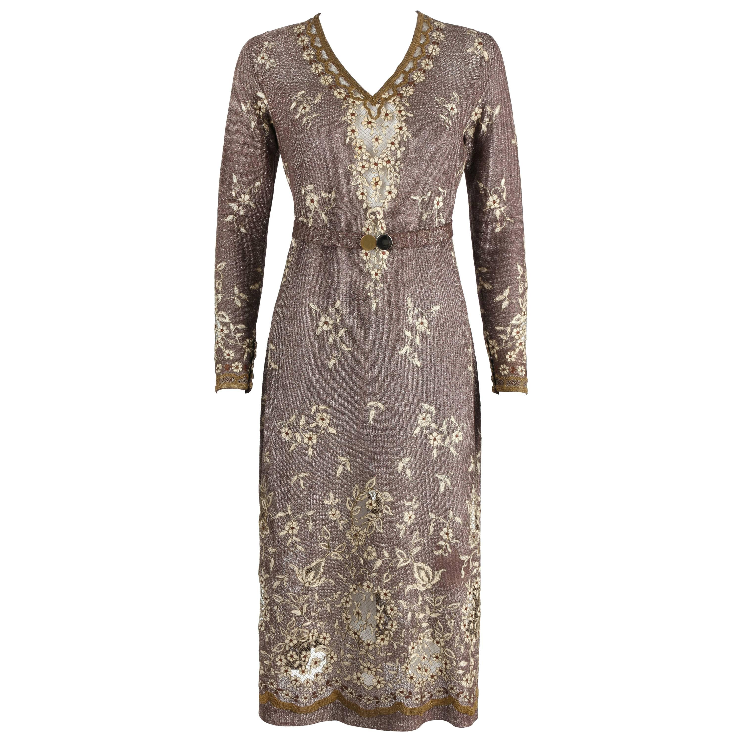 OOAK 1930's Parisian Haute Couture Brown Bronze Metallic Knit Embroidered Dress