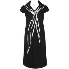 c.1980's HERMES Paris "Trompe L'oeil" Black Cotton Painted Scarf Shift Dress 38 5