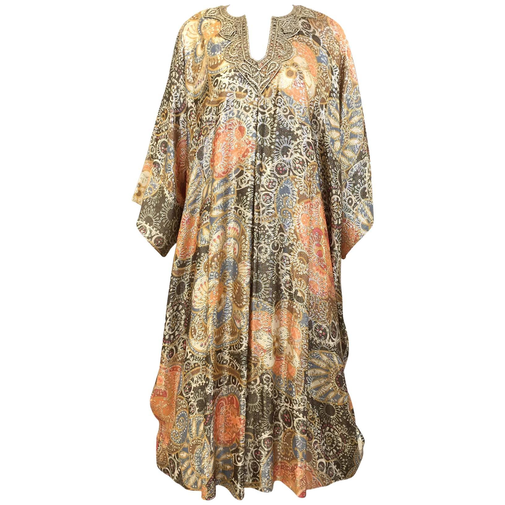 Vintage Lucie Ann 1970s Gold and Peach Metallic 70s Caftan For Sale