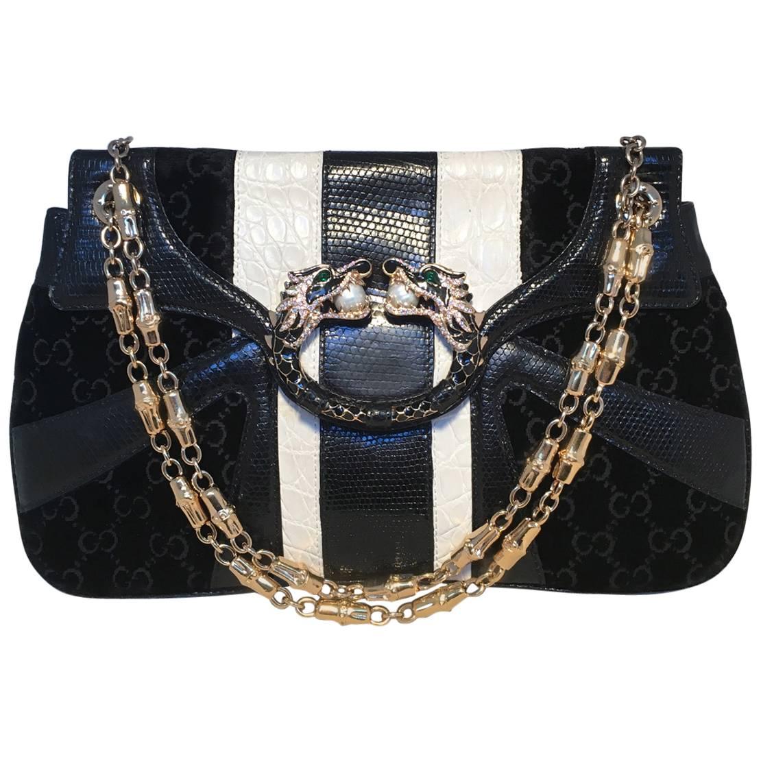 RARE Gucci by Tom Ford Jeweled Dragon Black Velvet Croc and Lizard Flap Bag