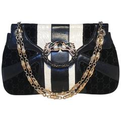 RARE Gucci by Tom Ford Jeweled Dragon Black Velvet Croc and Lizard Flap Bag