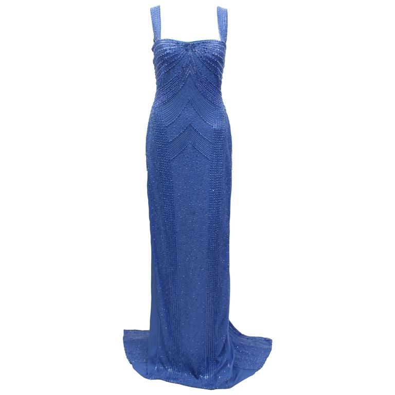 New Versace embellished blue gown For Sale at 1stDibs