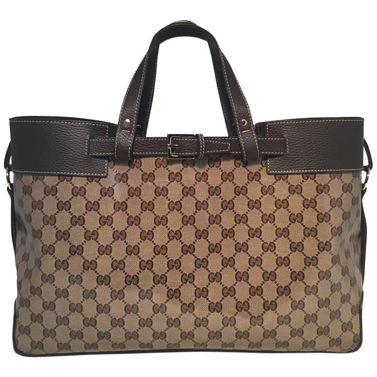 Gucci Coated Monogram and Leather Buckled Portfolio Tote For Sale