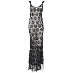 Vintage Slinky Crochet and Beaded Dress with Fringe