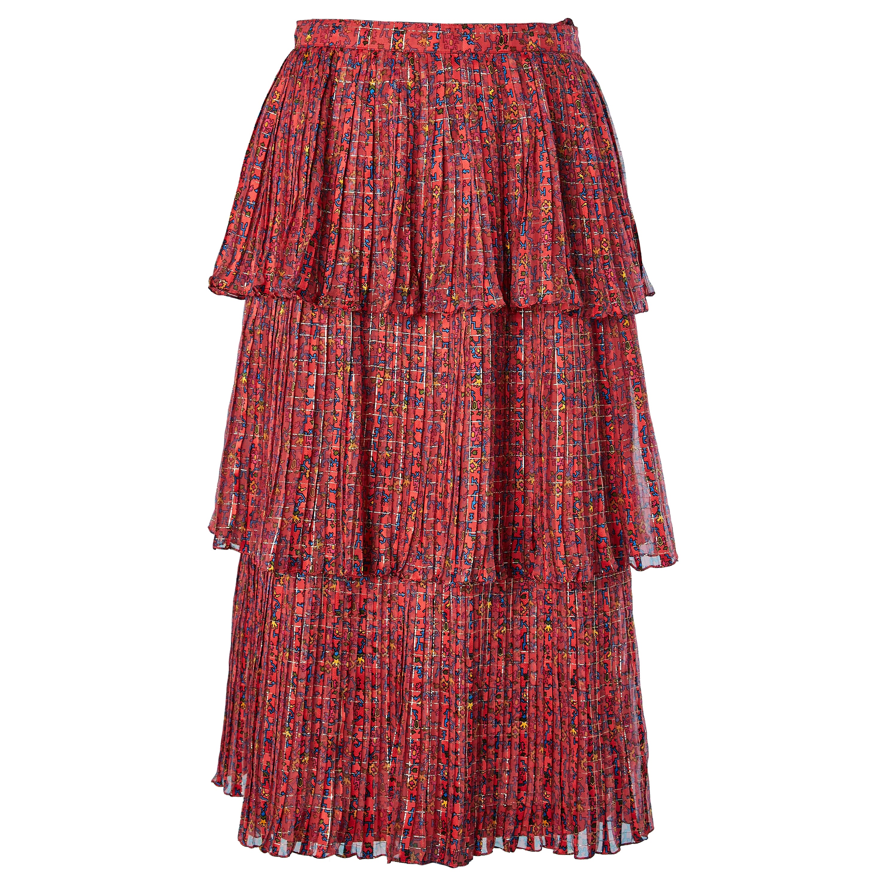Silk chiffon printed skirt with ruffles Céline Circa 1970 For Sale