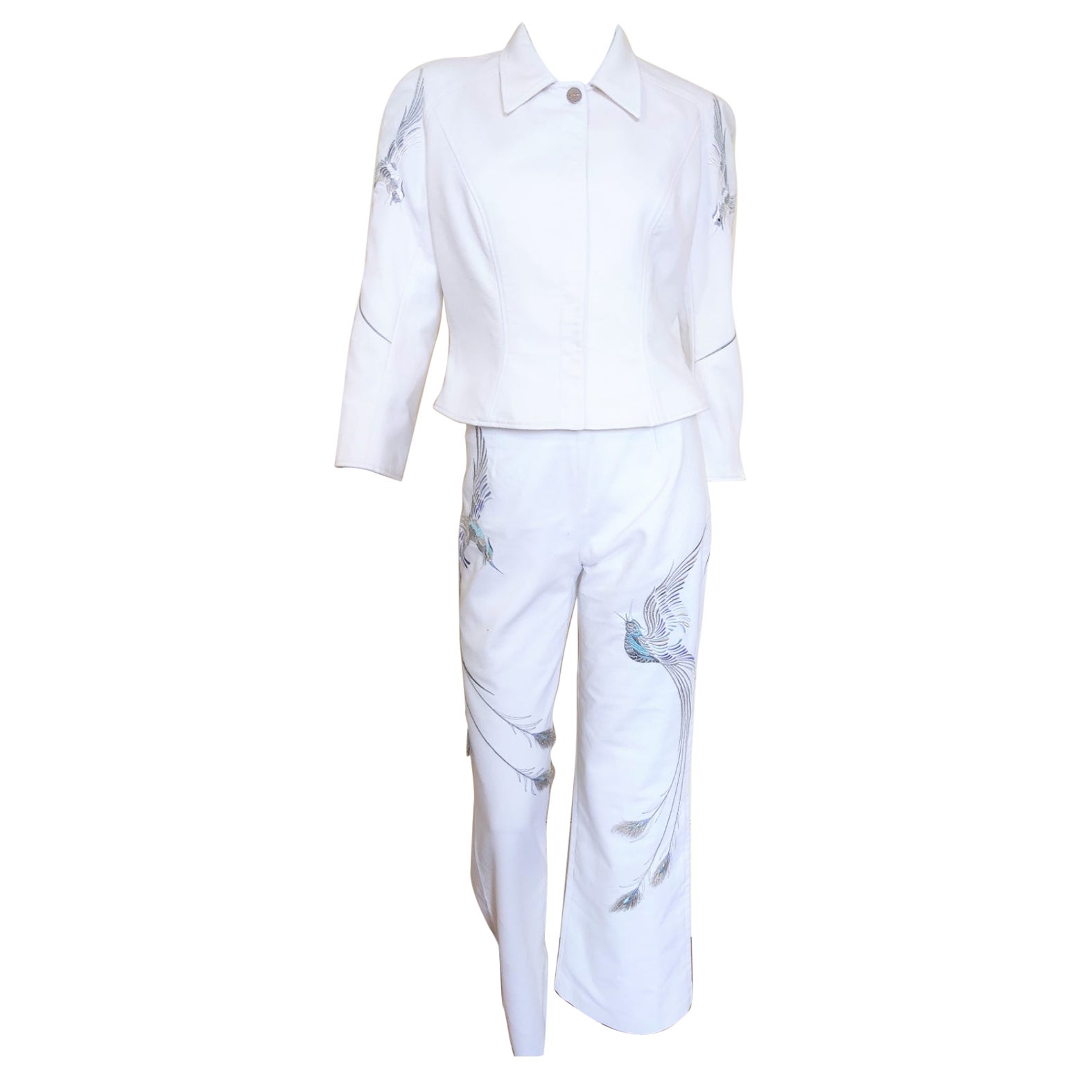 Thierry Mugler - Ensemble veste et pantalon couture blanc paon avec imprimé en vente