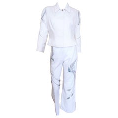 Retro Thierry Mugler Peacock Bird White Gown Couture Pants Jacket Ensemble Suit