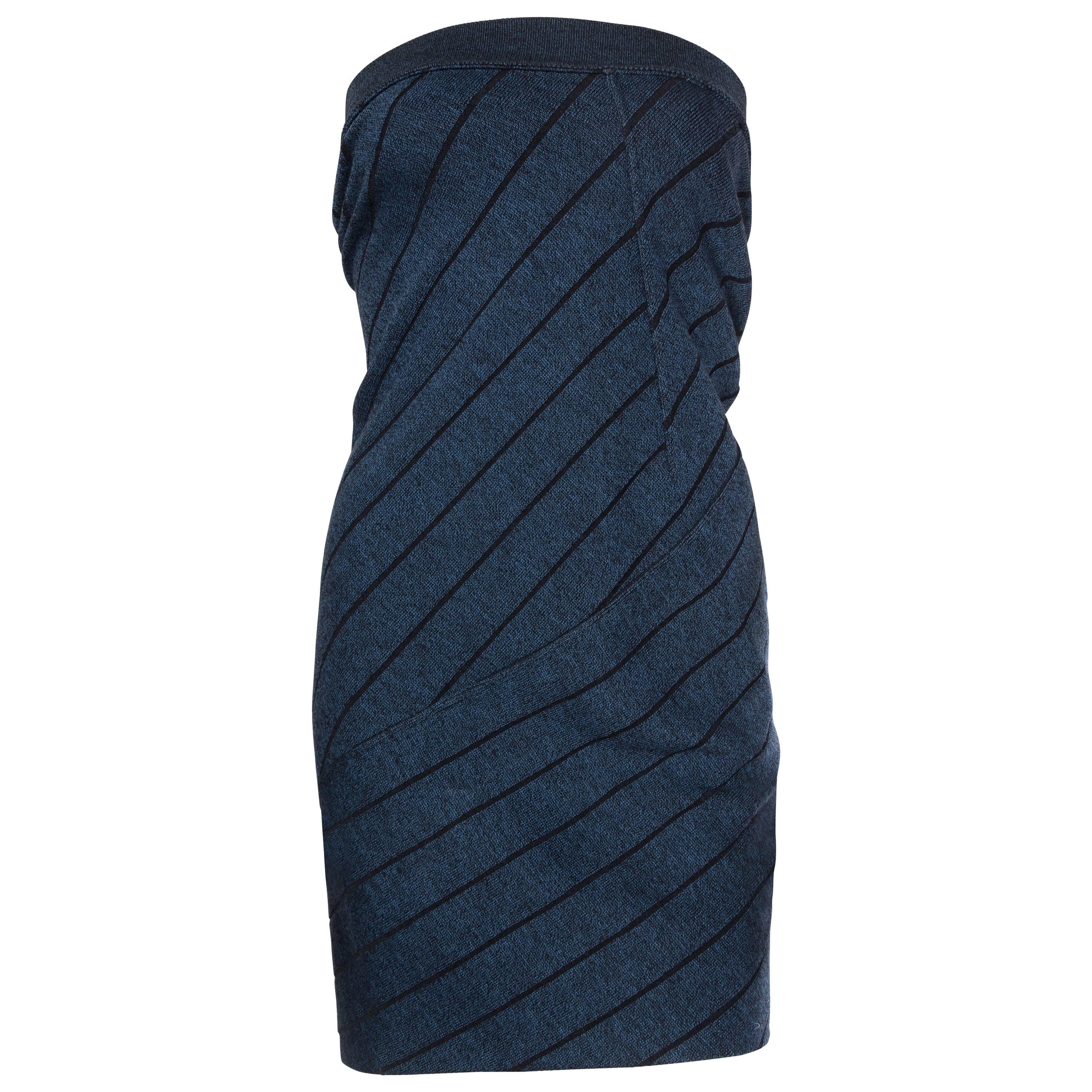 1980S AZZEDINE ALAIA Blue & Black Rayon Blend Knit High-Waisted Skirt