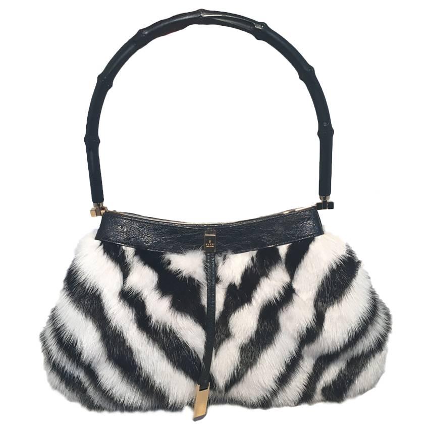 Gucci Black and White Chevron Zebra Print Fur Handbag