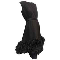 1950s Traina - Norell Black Silk Chiffon Cocktail Dress w Ostrich Feather Peplum