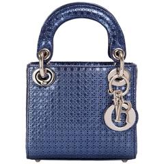 Dior Blue Metallic Perforated Lady Dior Micro Bag