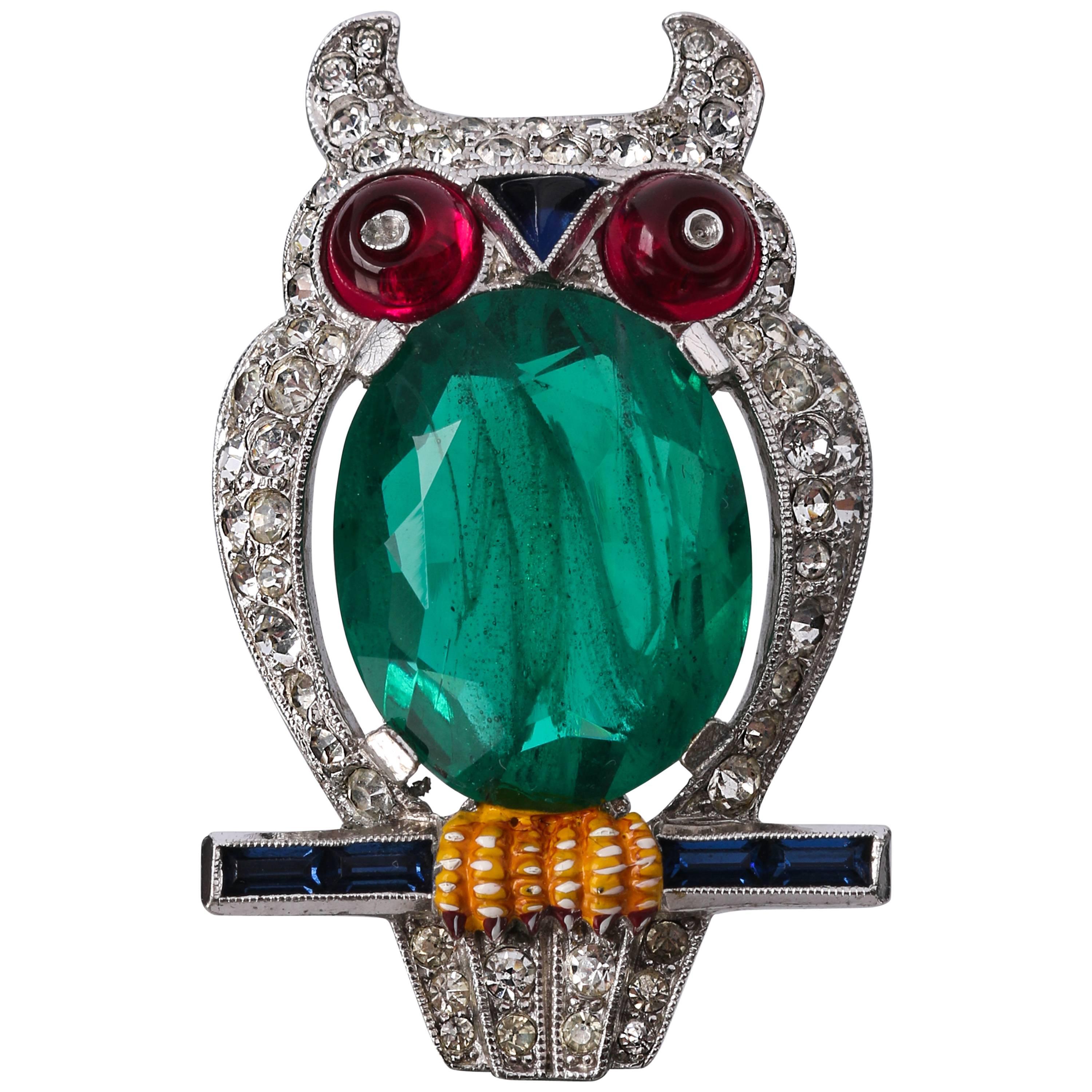 c.1941 CROWN TRIFARI Alfred Phillipe Emerald Owl Jelly Belly Fur Clip Brooch