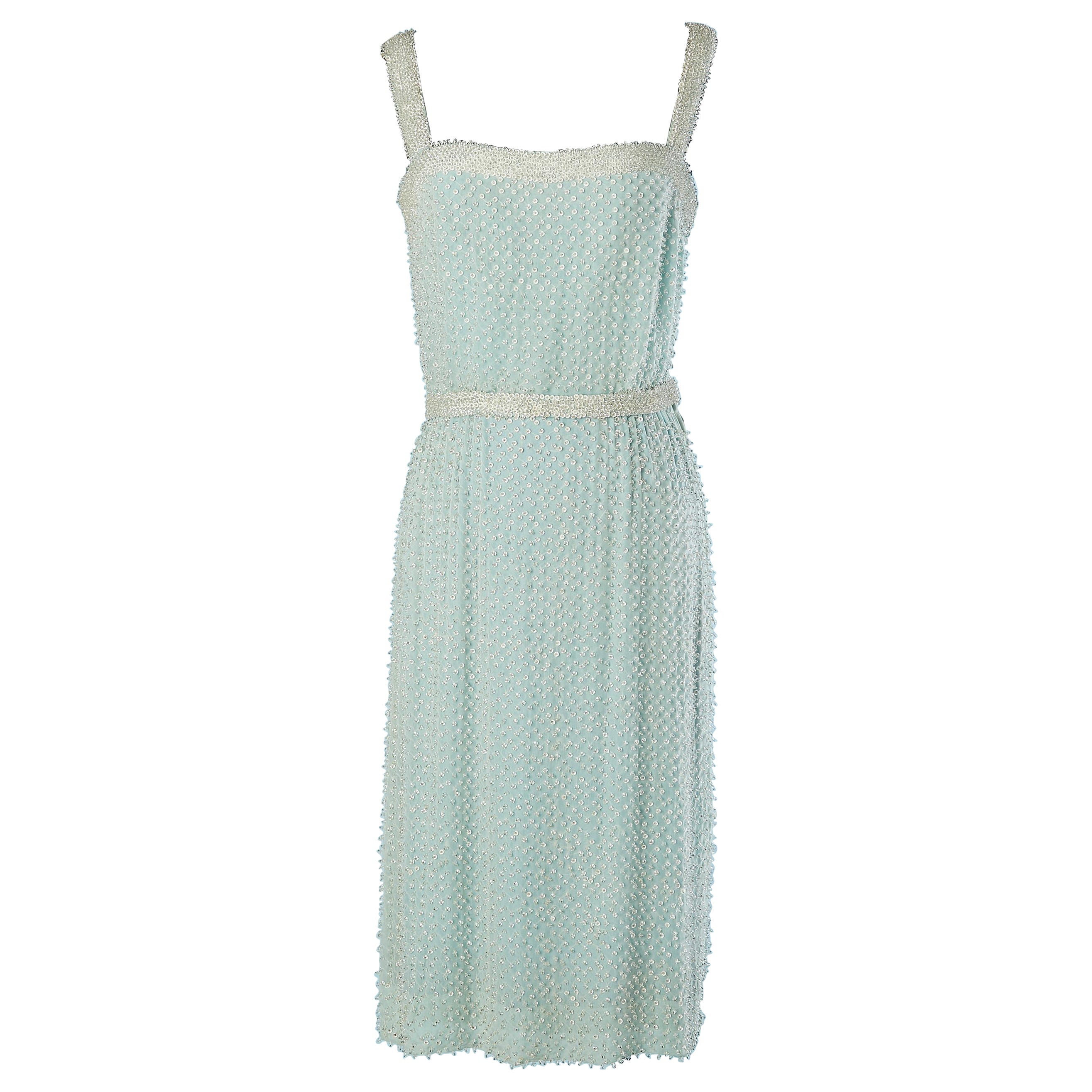 Pale blue fully beaded cocktail dress Circa 1960 For Sale
