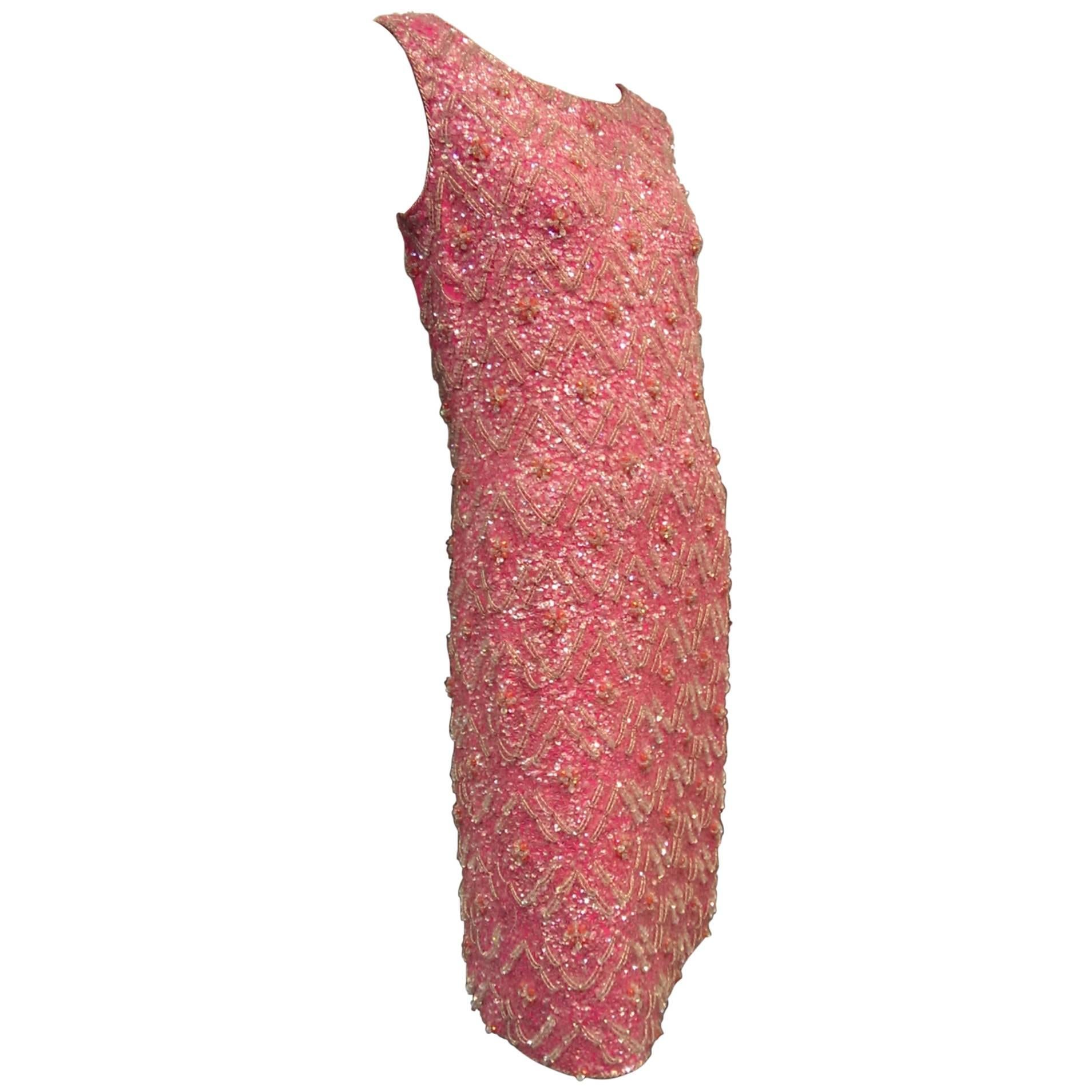 1960s I. Magnin Vibrant Pink Wool Knit Dress w Heavy Beads and Sequins