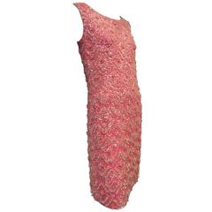 1960s I. Magnin Vibrant Pink Wool Knit Dress w Heavy Beads and Sequins