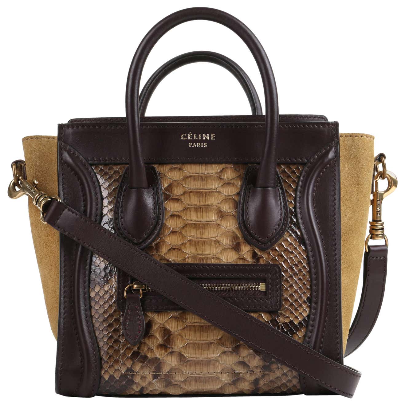 CELINE Dark Brown Olive Genuine Python Suede Nano Luggage Tote Handbag ...