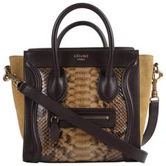 CELINE Dark Brown Olive Genuine Python Suede Nano Luggage Tote Handbag Purse 1