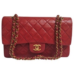 Retro 1990s Chanel Red Lambskin Quilted Double Flap Bag