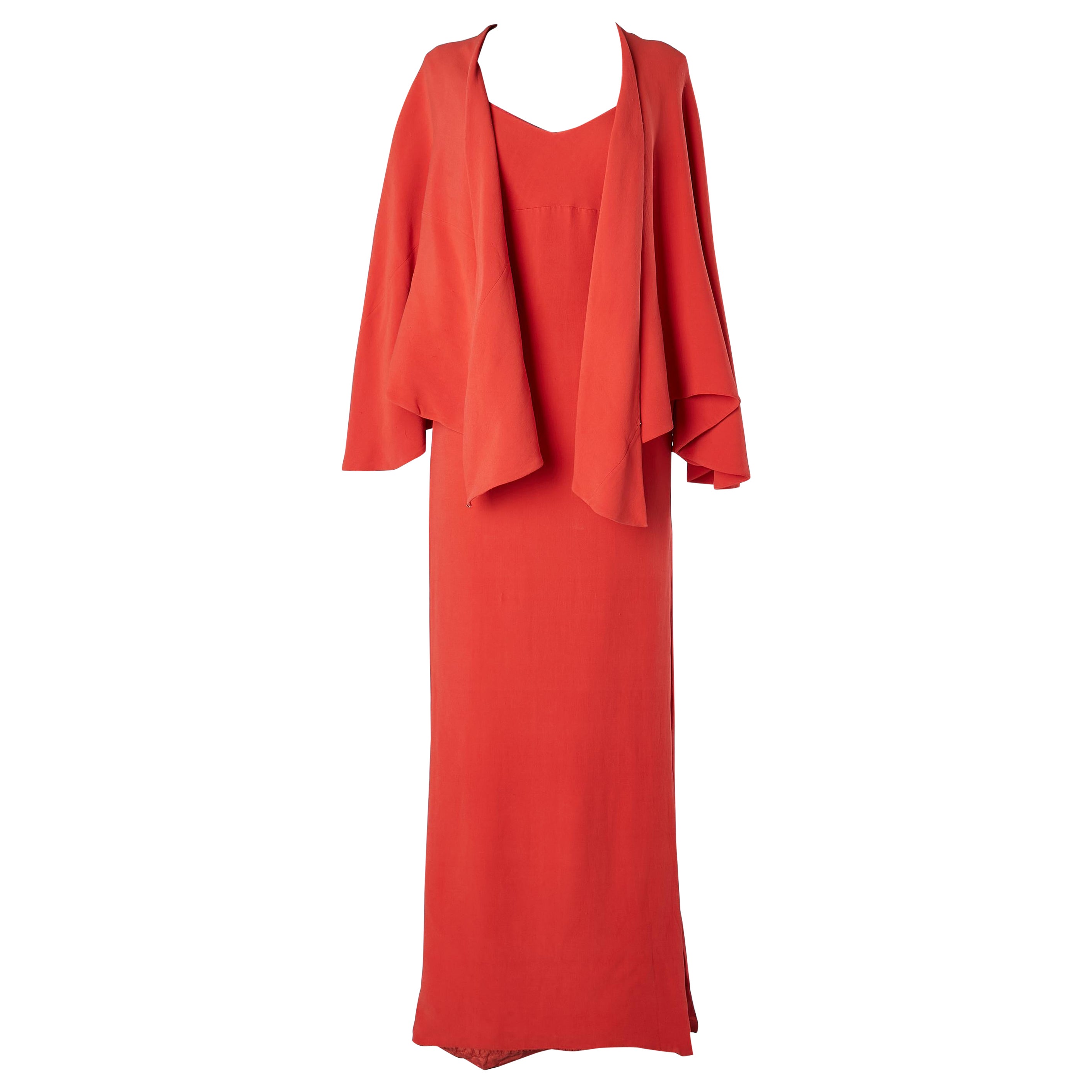 RARE red crêpe evening dress with cape Grès 1966 For Sale