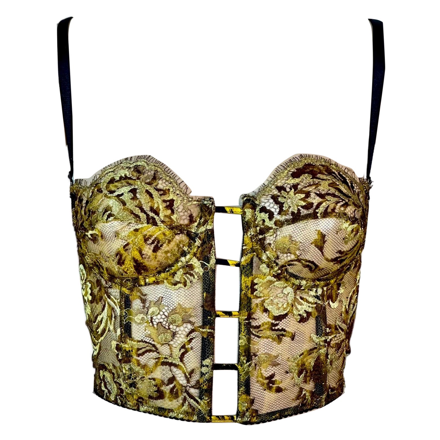 Gianni Versace S/S 1992 Unworn Sheer Gold Embroidered Lace Bustier Bra Crop Top  For Sale