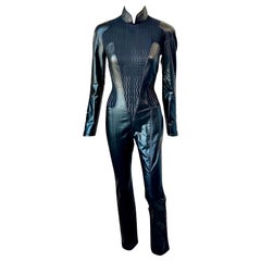 Mugler Retro Leather Look Semi-Sheer Panels Black Jumpsuit