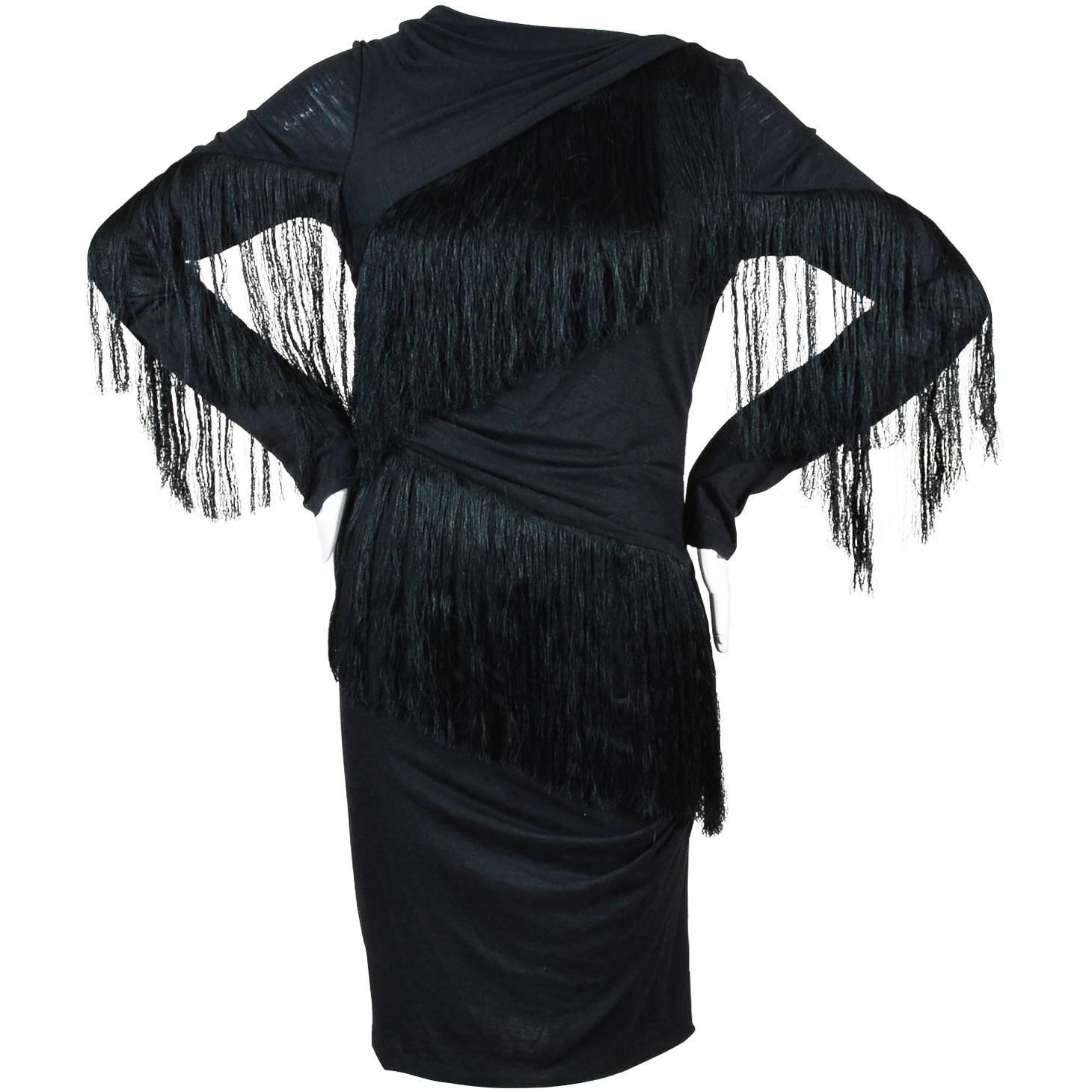 Emilio Pucci Black Jersey Fringe Trimmed Long Sleeve Dress For Sale