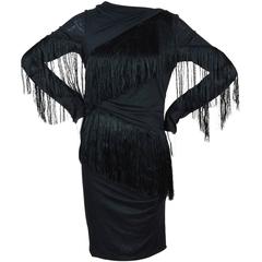 Emilio Pucci Black Jersey Fringe Trimmed Long Sleeve Dress