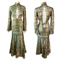 Vintage Roberto Cavalli F/W 2016 Runway Gold Sheer Lace Evening Dress Gown