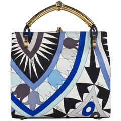 1960 EMILIO PUCCI Borsetta strutturata in seta con stampa della firma blu