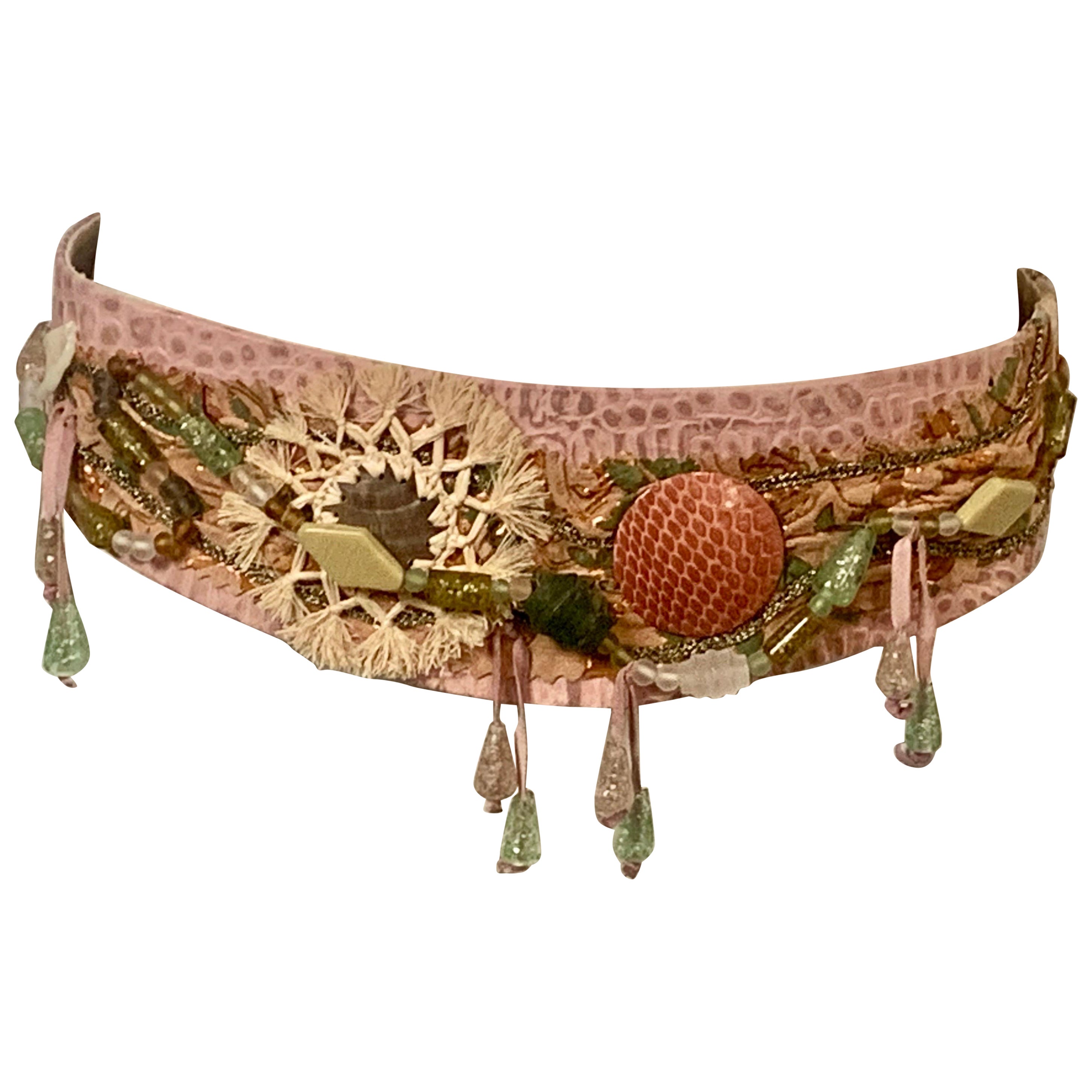 1970's Laise Adzer Pink Leather and Suede Belt  Beadwork and Straw Decoration For Sale