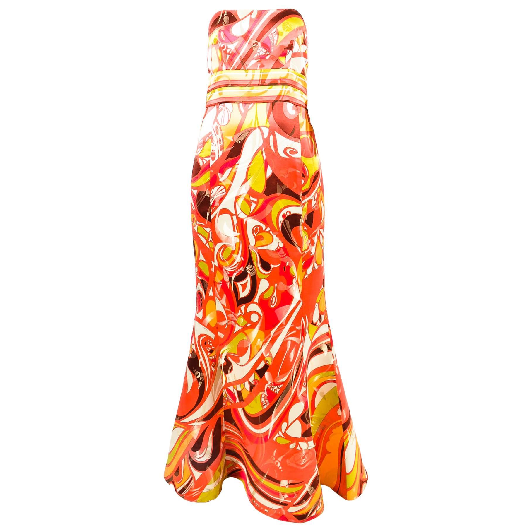 Emilio Pucci Multicolor Gold Silk Printed Strapless Floor Length Gown Size 10 For Sale