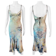 Roberto Cavalli - Robe midi de soirée en soie à imprimé abstrait et à lacets, printemps-été 2002