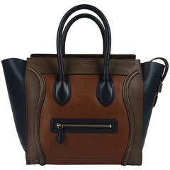CELINE Tricolor "Mini Luggage Tote" Phoebe Philo Navy Blue Brown Leather Handbag