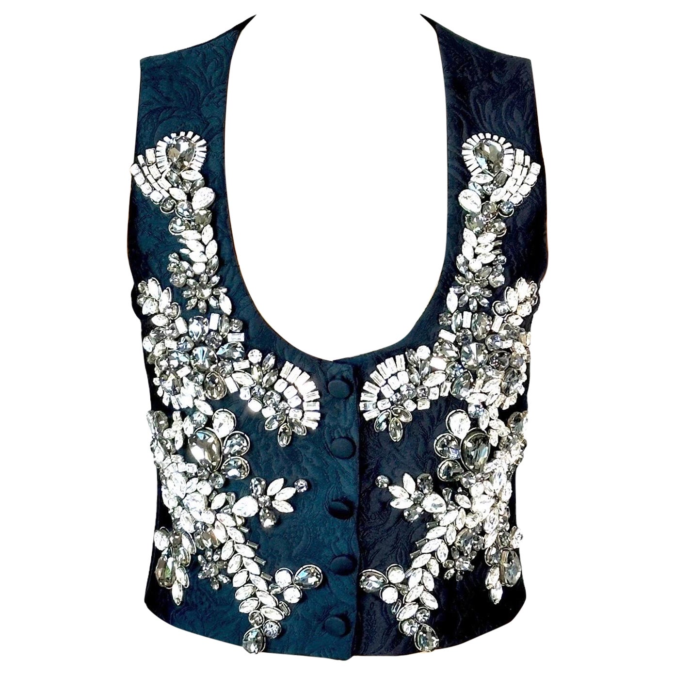 Dolce & Gabbana Crystal Embellished Button-Up Black Vest Crop Top  For Sale