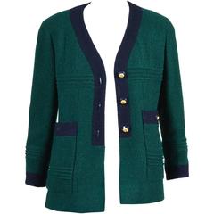 Chanel Boutique Forest Green Navy Boucle Knit Embellished Button Blazer Jacket 10