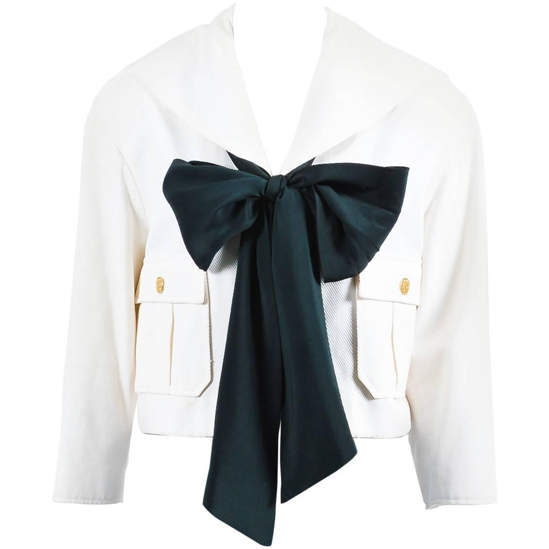 Chanel Cream Black Cotton Draped Collar Tie Front Zip Cropped Jacket Size 34 For Sale