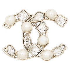 Chanel CC Crystal Faux Pearls Gold Tone Brooch