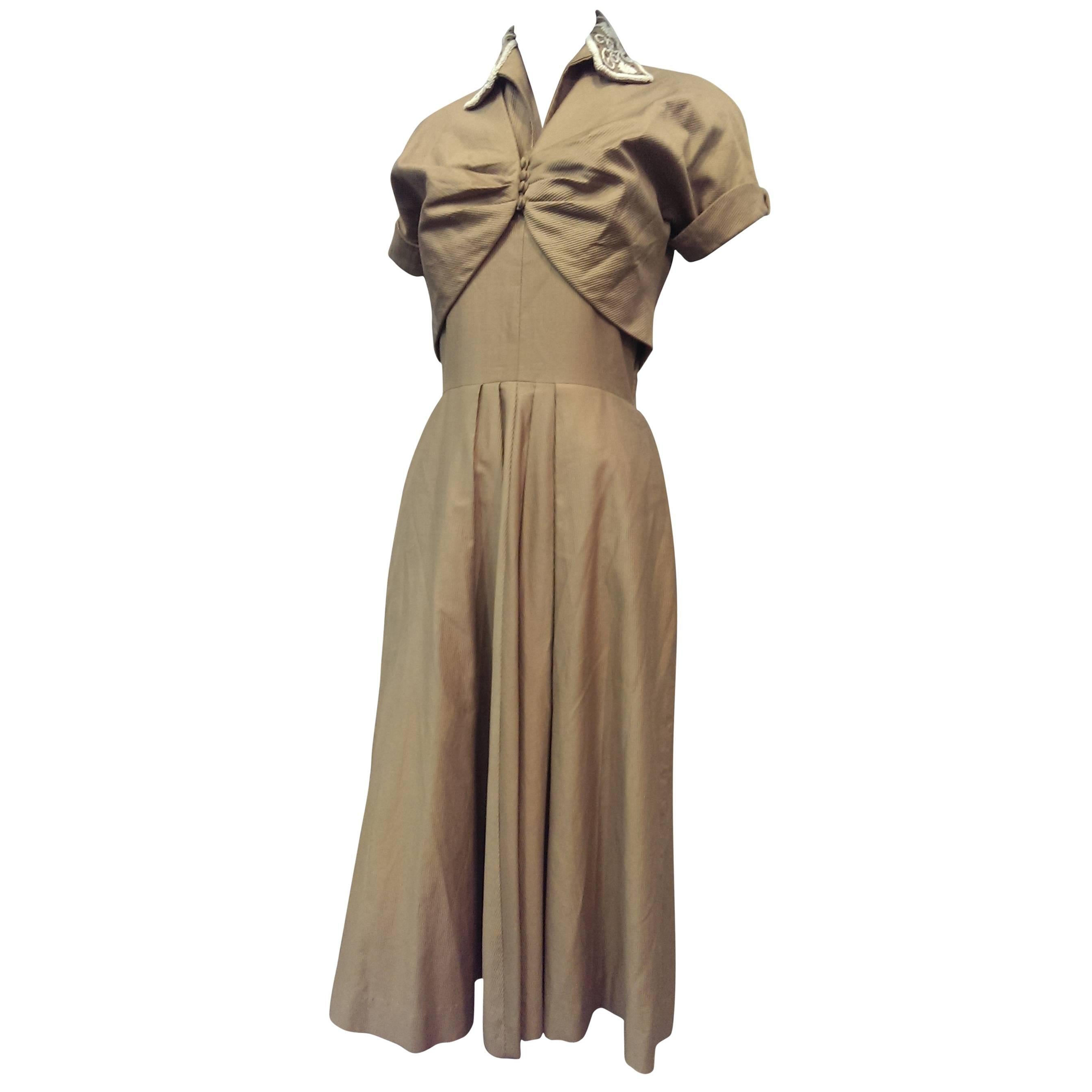 1950s Taupe Cotton Twill Halter Dress w Beaded Collar and Matching Bolero