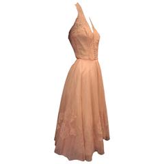 1950s Karen Stark for Harvey Berin Pink Pin-Tuck Organza and Lace Halter Dress