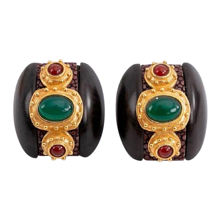 Gilted Metal Clip-on Earrings with Wood and Coloured Cabochons For Sale