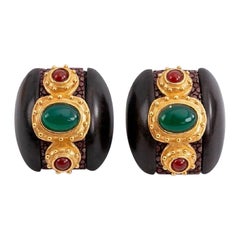 Vintage Gilted Metal Clip-on Earrings with Wood and Coloured Cabochons