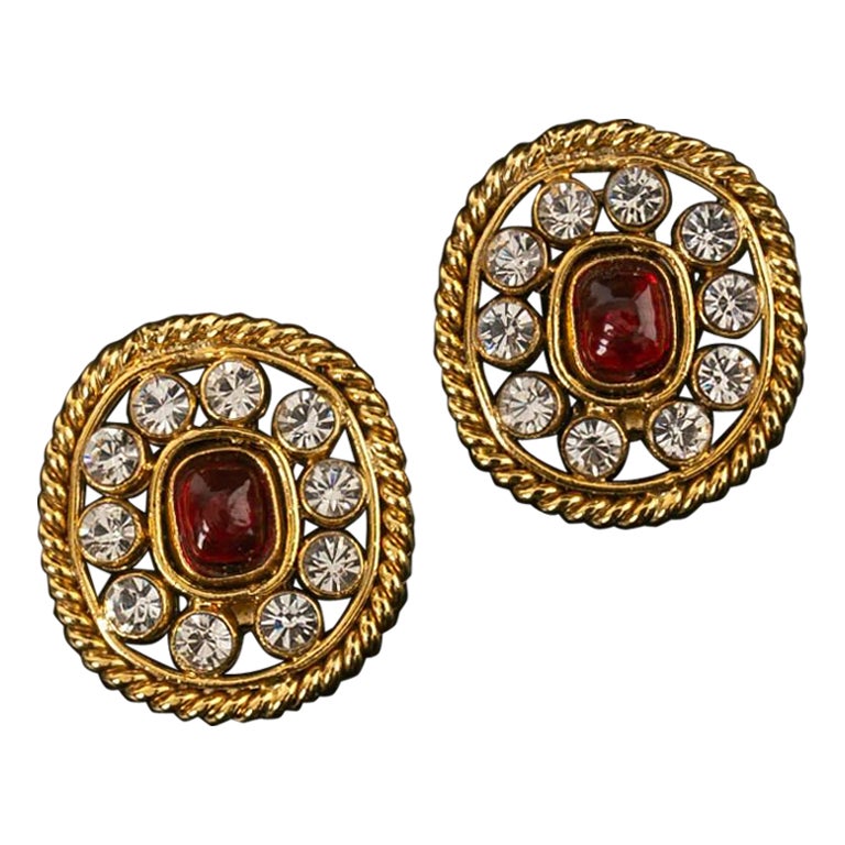Chanel Earrings with Rhinestones and a Central Ornament For Sale