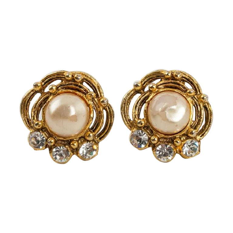 Chanel Baroque Clip-on Gilded Metal Earrings with Pearly Cabochon & Rhinestones For Sale