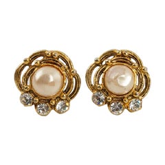 Vintage Chanel Baroque Clip-on Gilded Metal Earrings with Pearly Cabochon & Rhinestones