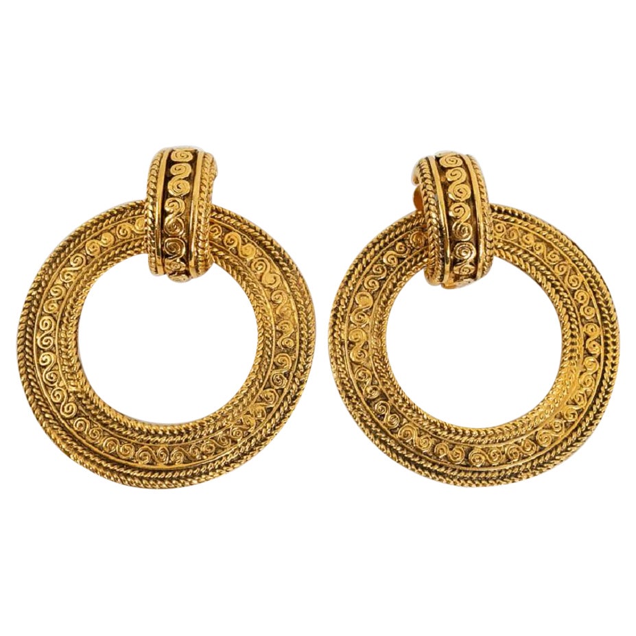 Chanel Baroque Clip-on Etched Gilded Metal Round Earrings, 1980s