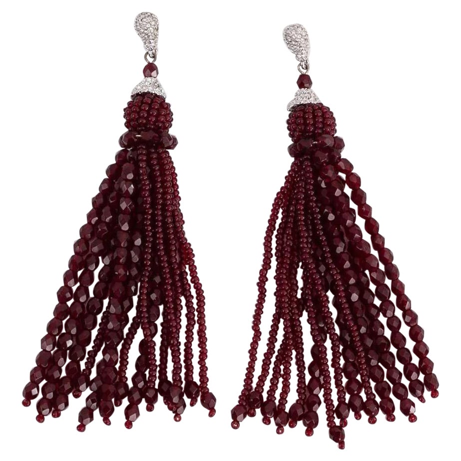 Dior Beaded Silver metal Earrings Set with Rhinestones and Beaded Tassels For Sale