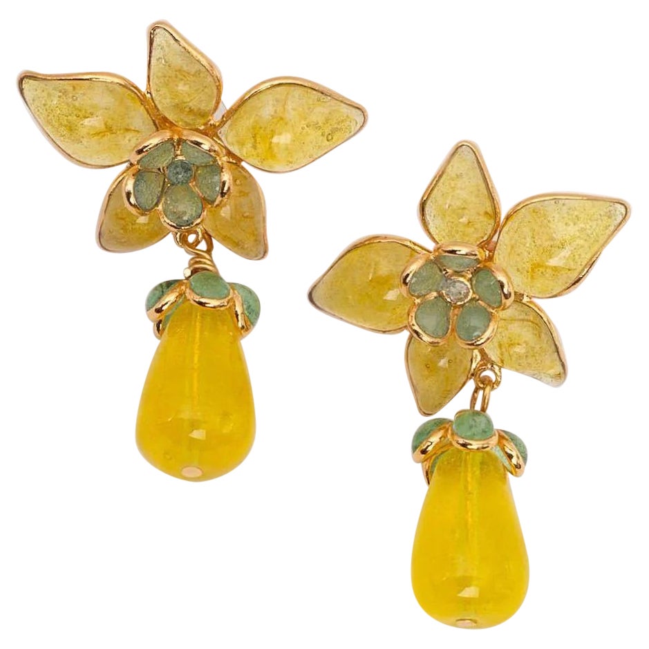 Augustine Flower Gilted Metal Earrings with Yellow Glass Paste For Sale
