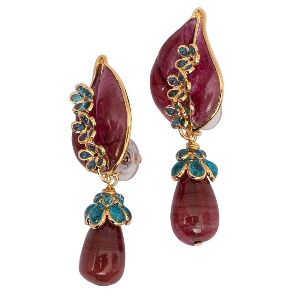 Augustine Gilted Metal Earrings with Pink Glass Paste For Sale