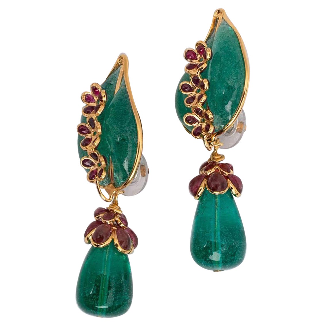 Augustine Gilted Metal Earrings with Green Glass Paste For Sale